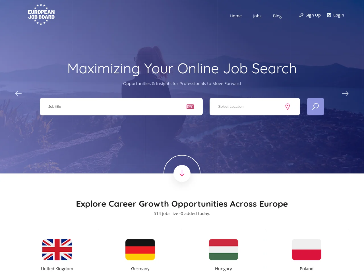 European Job Board job board platform screenshot showing job search interface