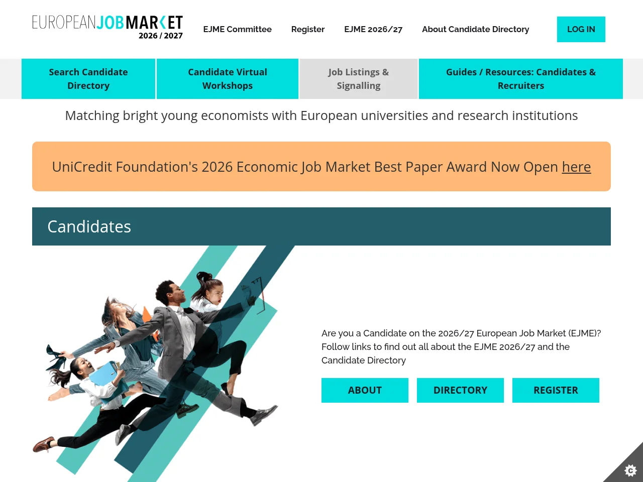 European Job Market for Economists job board platform screenshot showing job search interface
