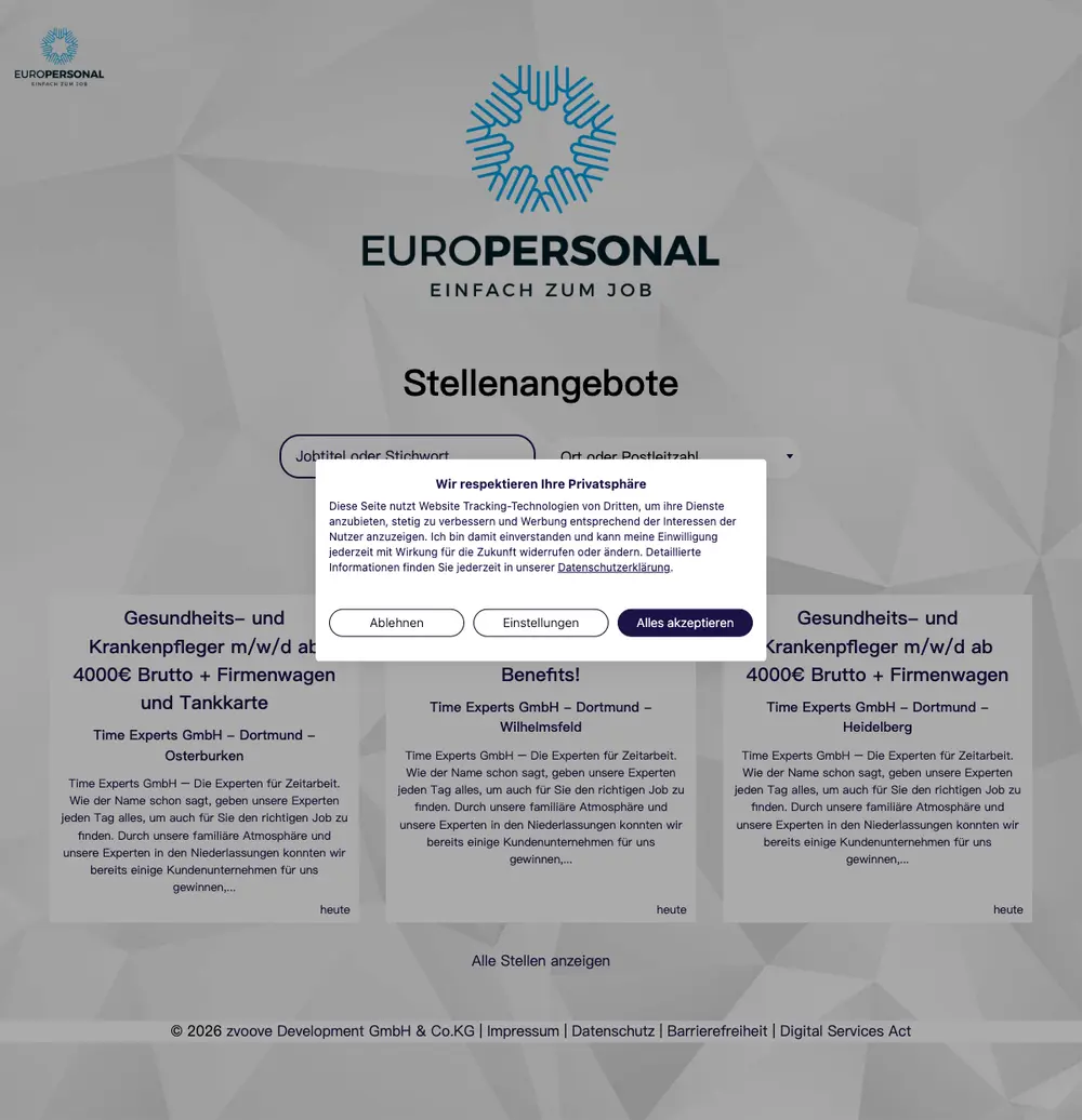 Europersonal job board platform screenshot showing job search interface