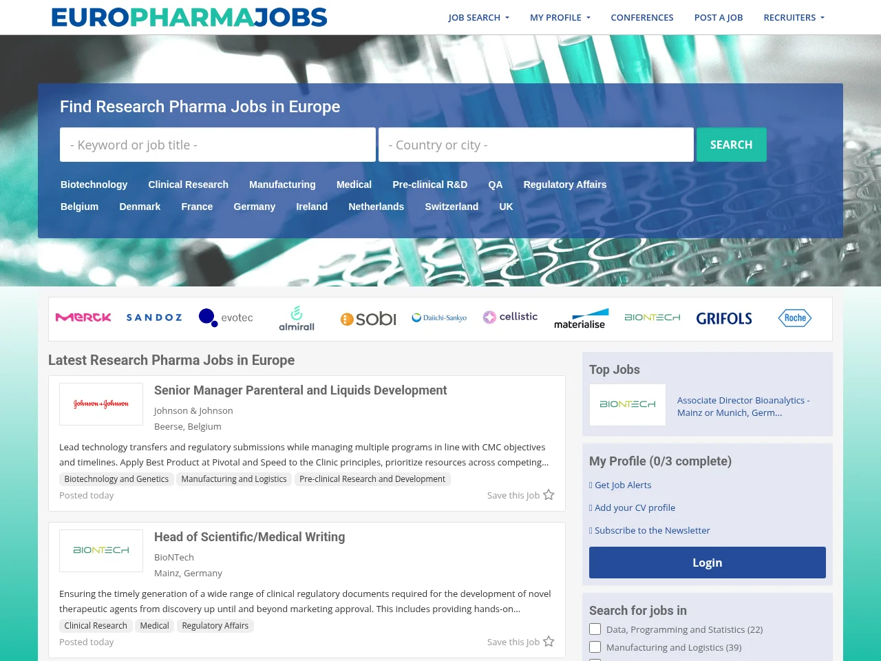 EuroPharmaJobs job board platform screenshot showing job search interface