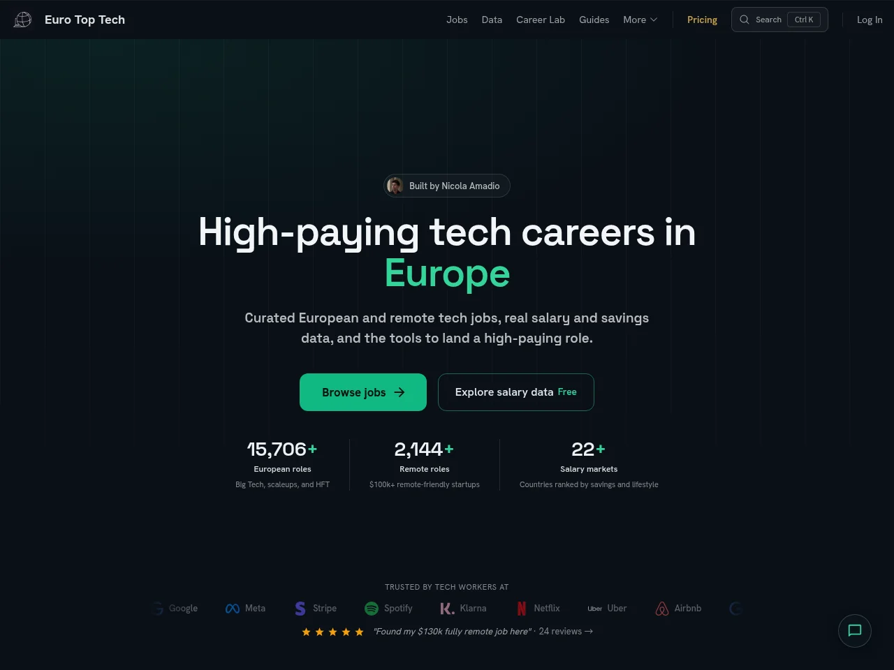 Euro Top Tech job board platform screenshot showing job search interface