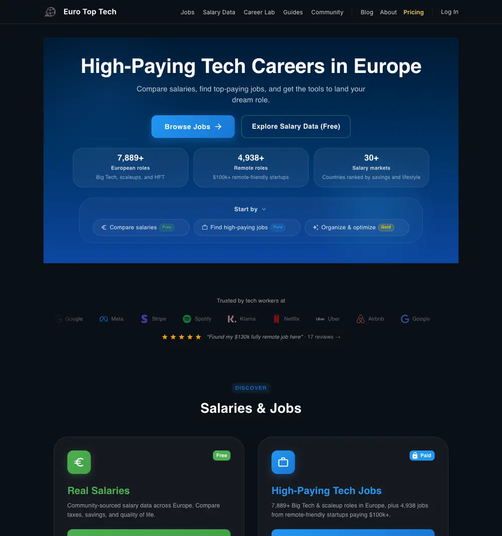 Euro Top Tech job board platform screenshot showing job search interface