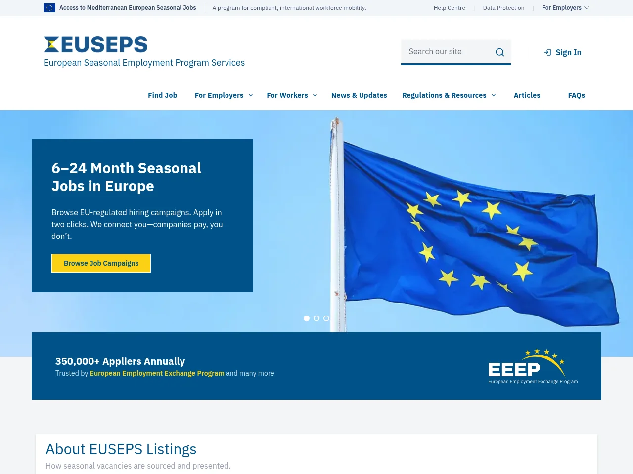 EUSEPS – European Seasonal Employment Program Services job board platform screenshot showing job search interface