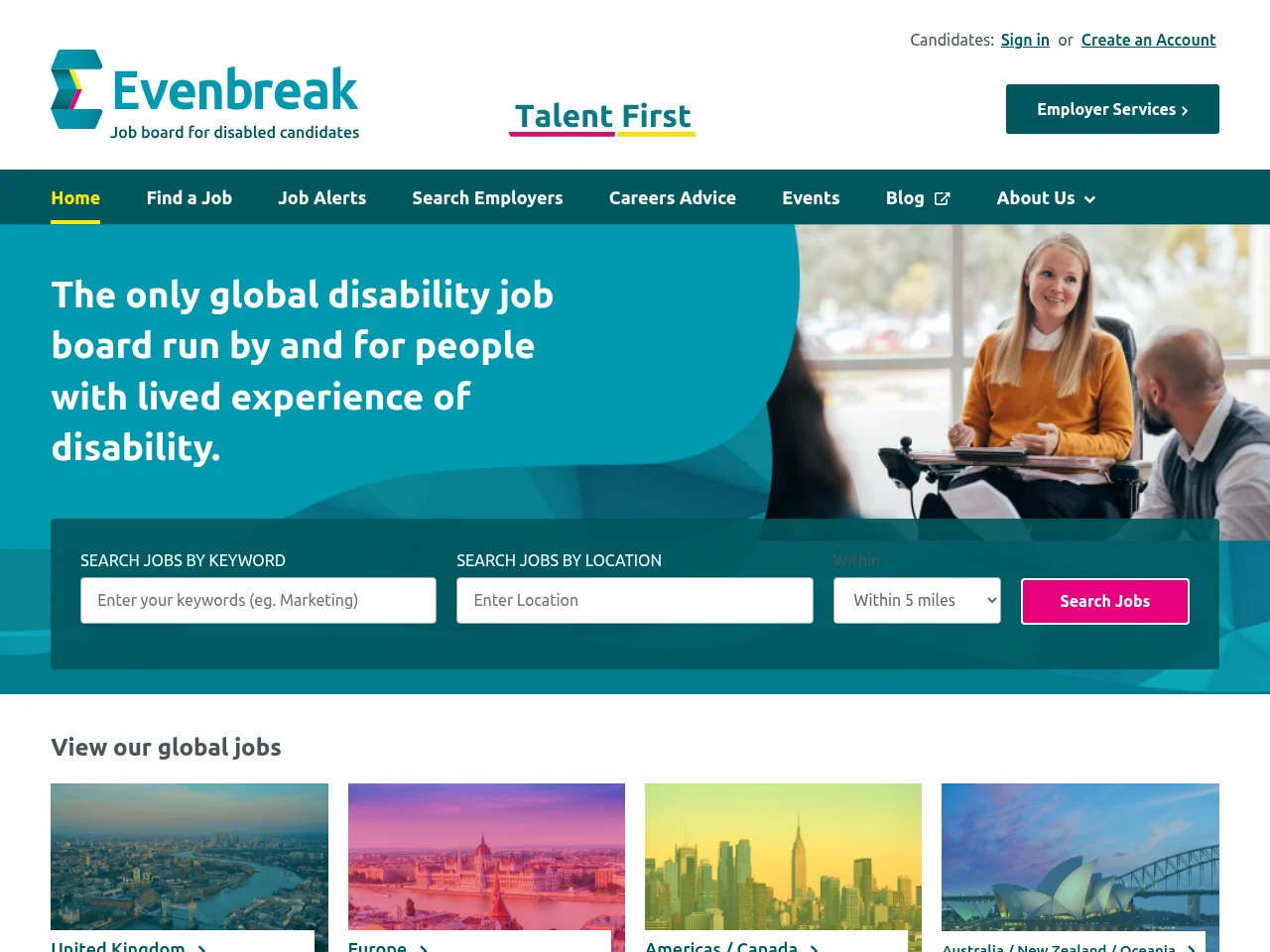 Evenbreak screenshot Evenbreak job board platform screenshot showing job search interface
