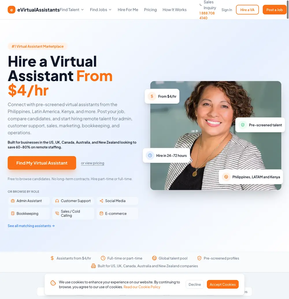 eVirtualAssistants job board platform screenshot showing job search interface