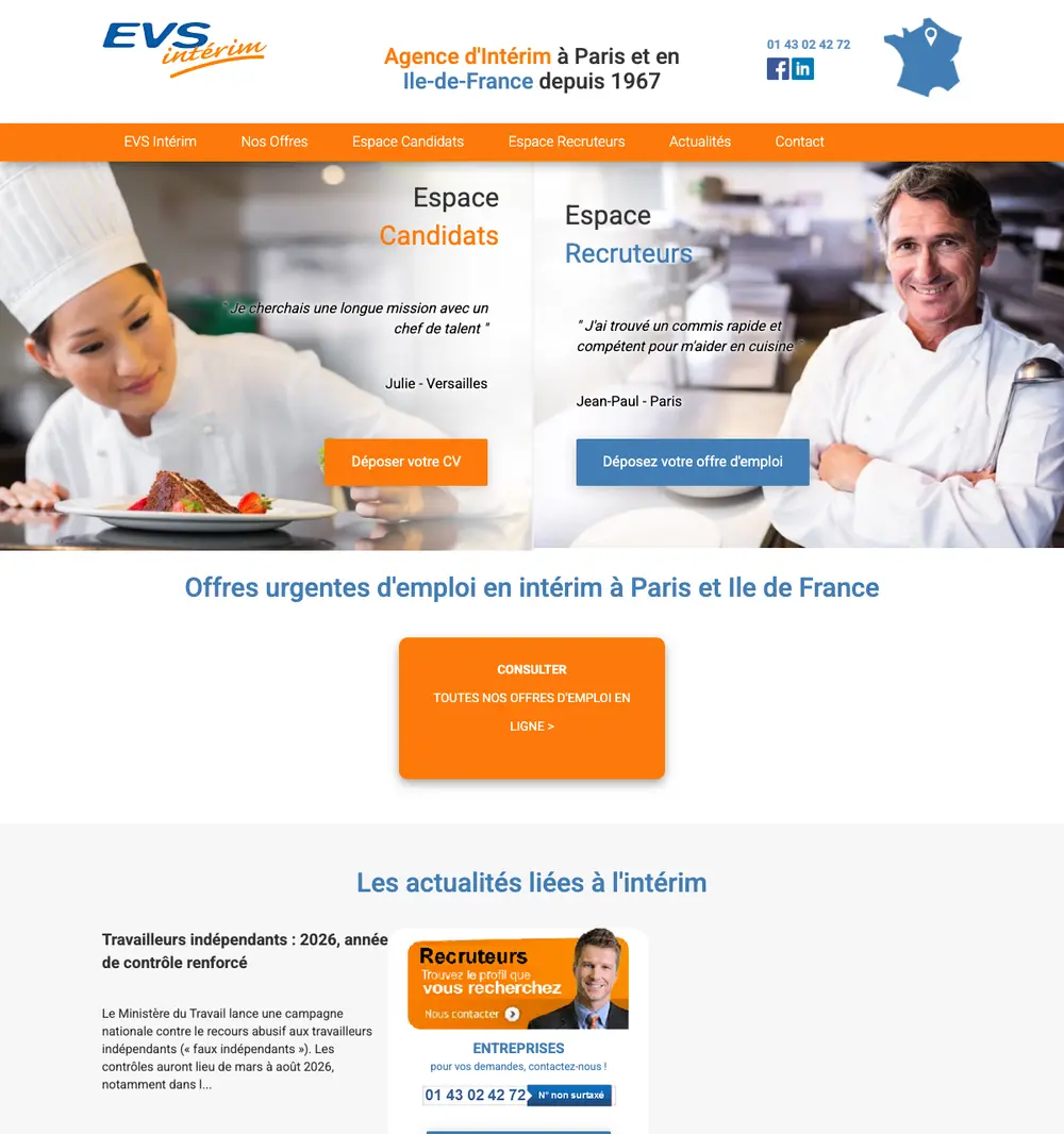 EVS Intérim job board platform screenshot showing job search interface