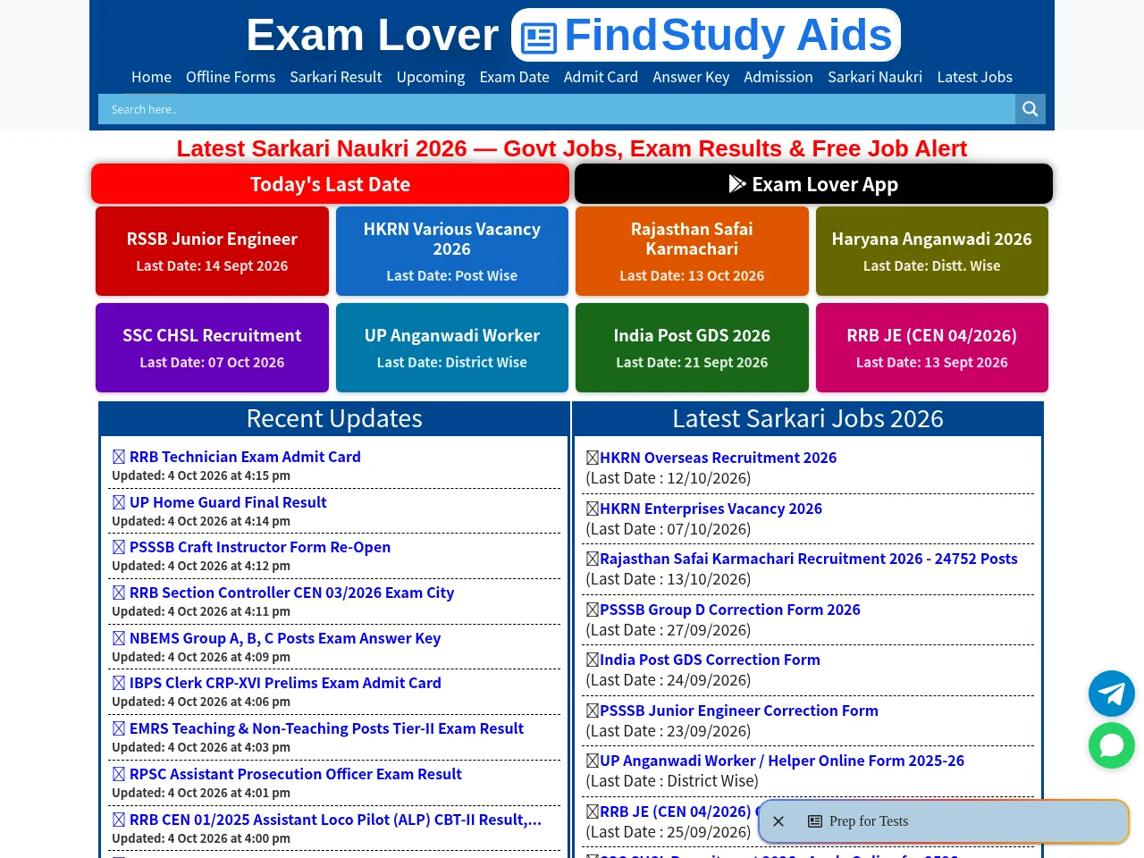ExamLover job board platform screenshot showing job search interface