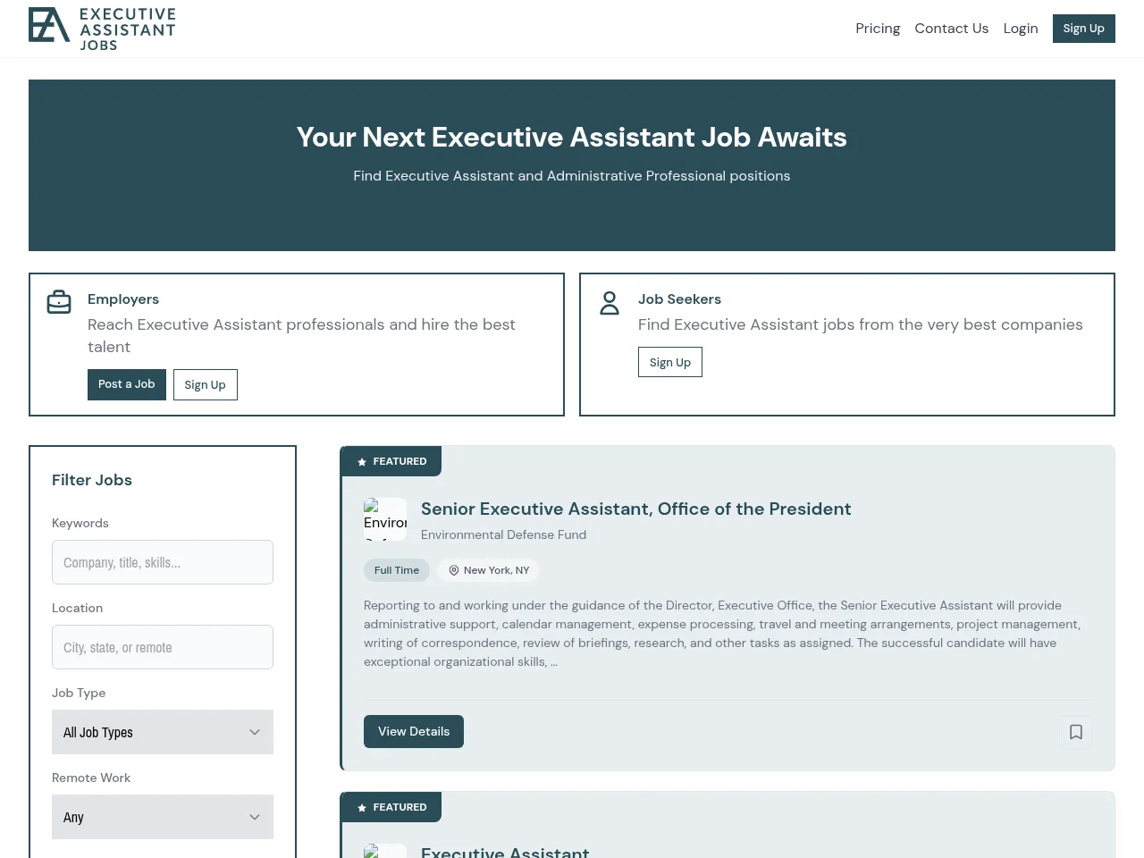 Executive Assistant Job Board job board platform screenshot showing job search interface