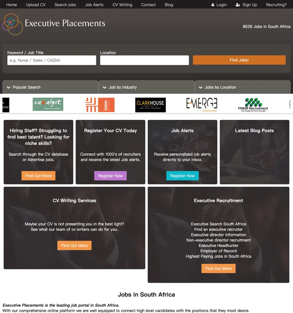 Executive Placements screenshot Executive Placements job board platform screenshot showing job search interface
