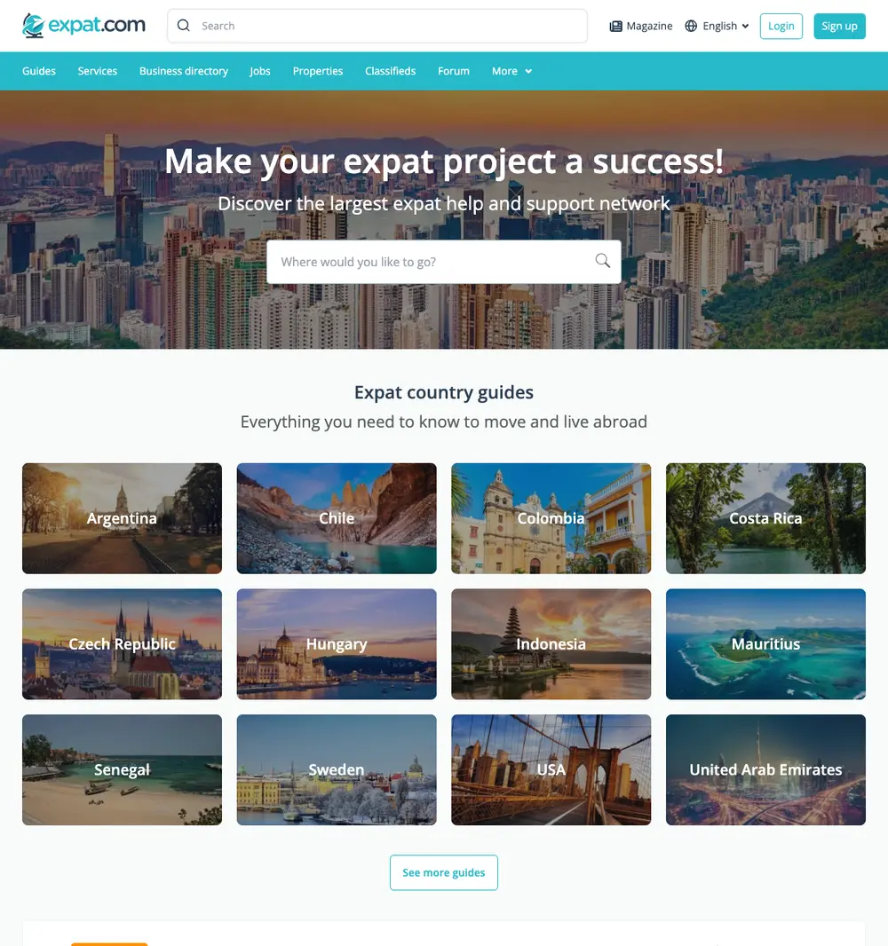 expat.com job board platform screenshot showing job search interface
