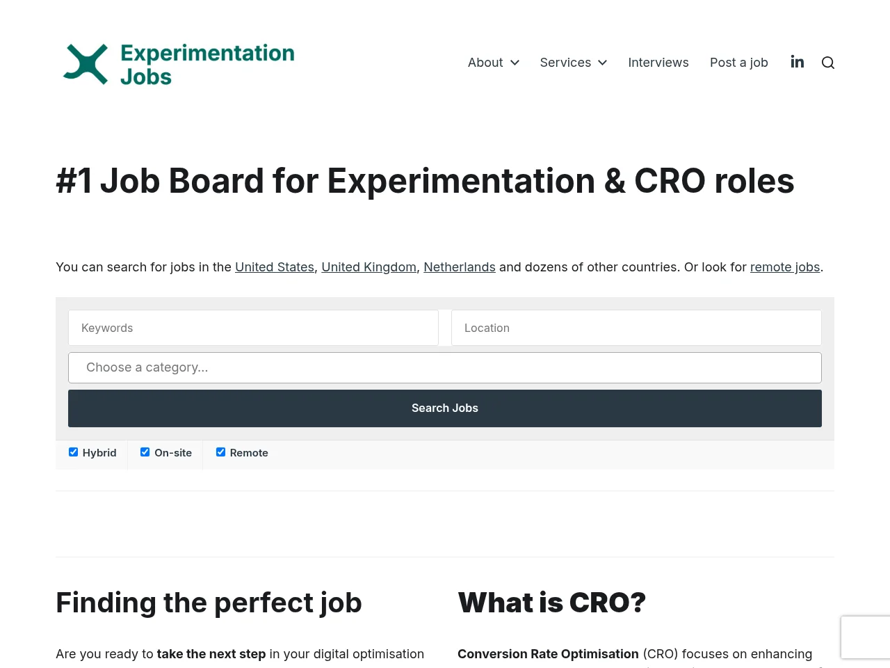 Experimentation Jobs screenshot Experimentation Jobs job board platform screenshot showing job search interface