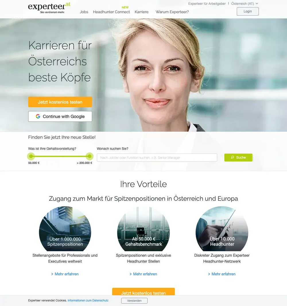 Experteer job board platform screenshot showing job search interface