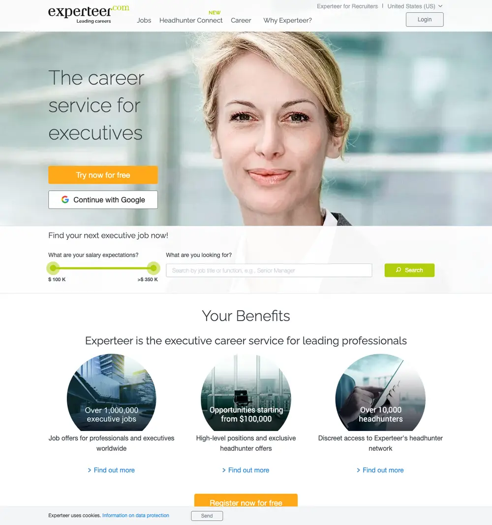 Experteer job board platform screenshot showing job search interface