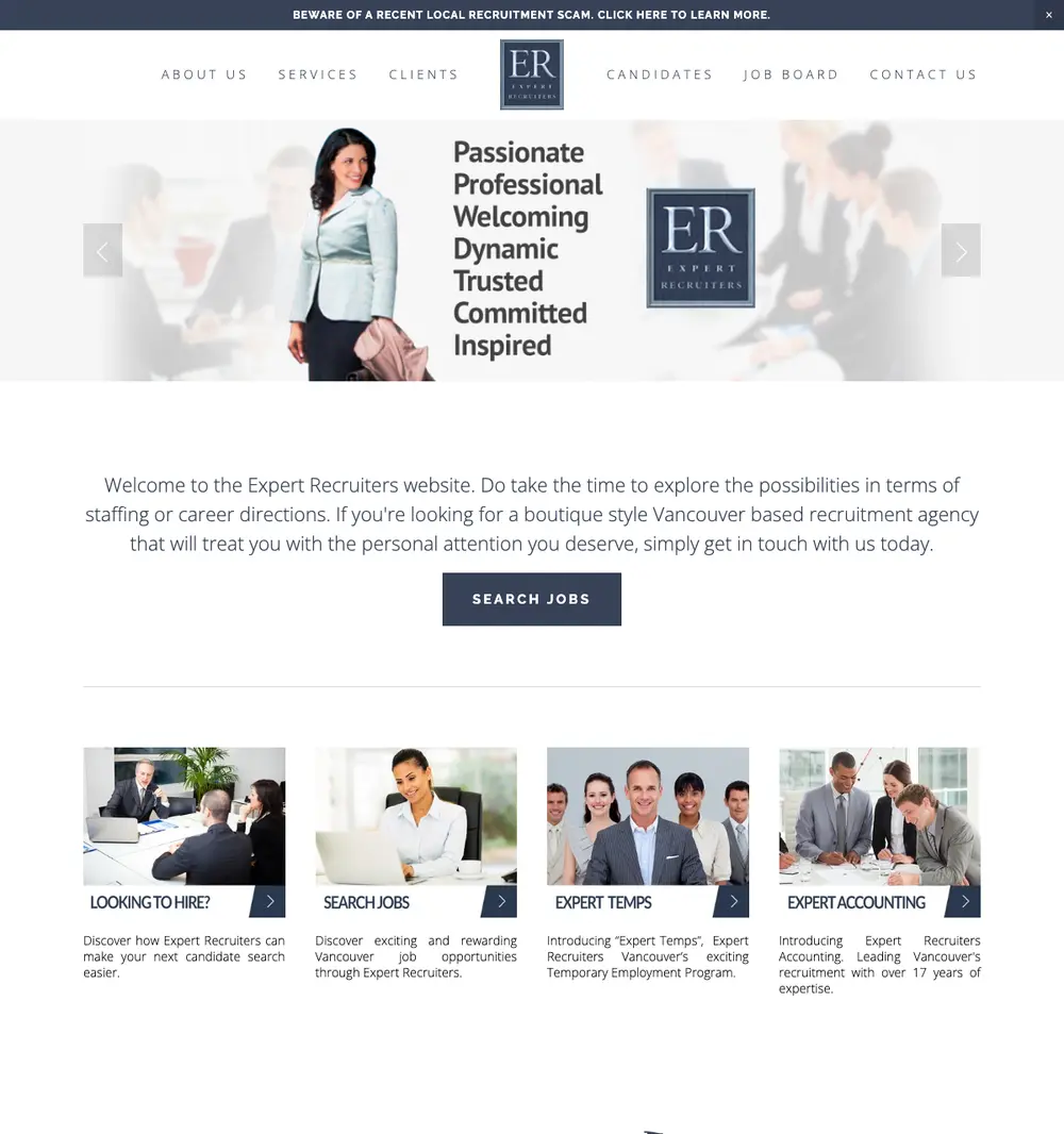 Expert Recruiters job board platform screenshot showing job search interface