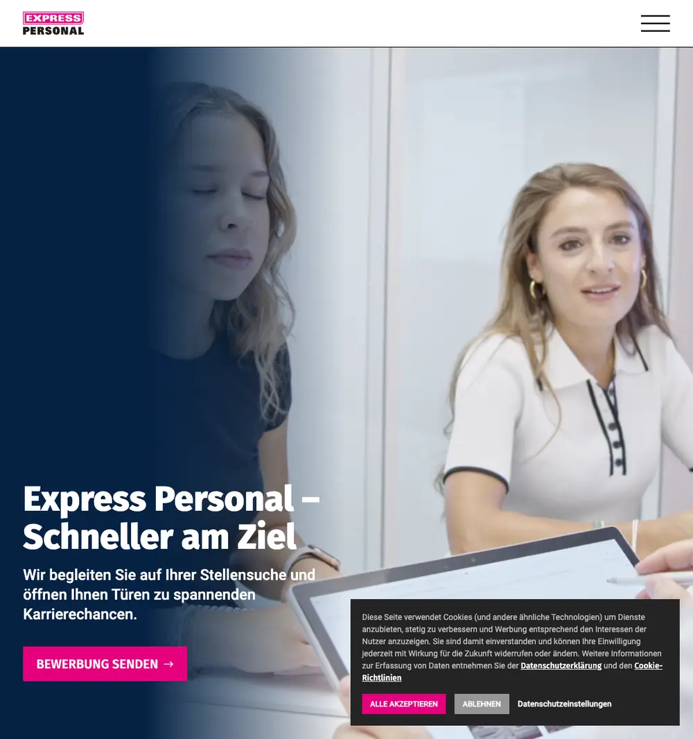 Express Personal AG job board platform screenshot showing job search interface