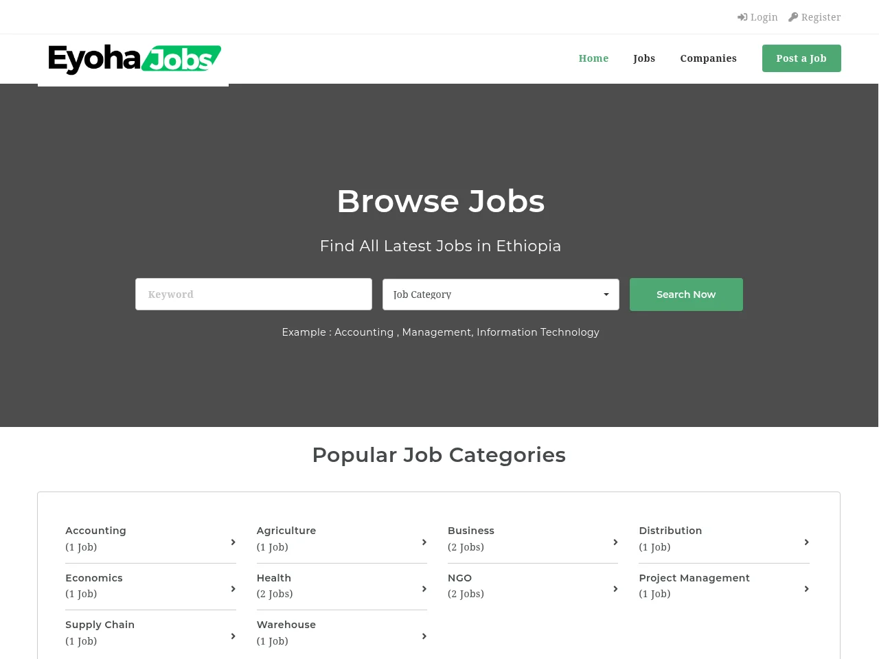 Eyoha Jobs job board platform screenshot showing job search interface