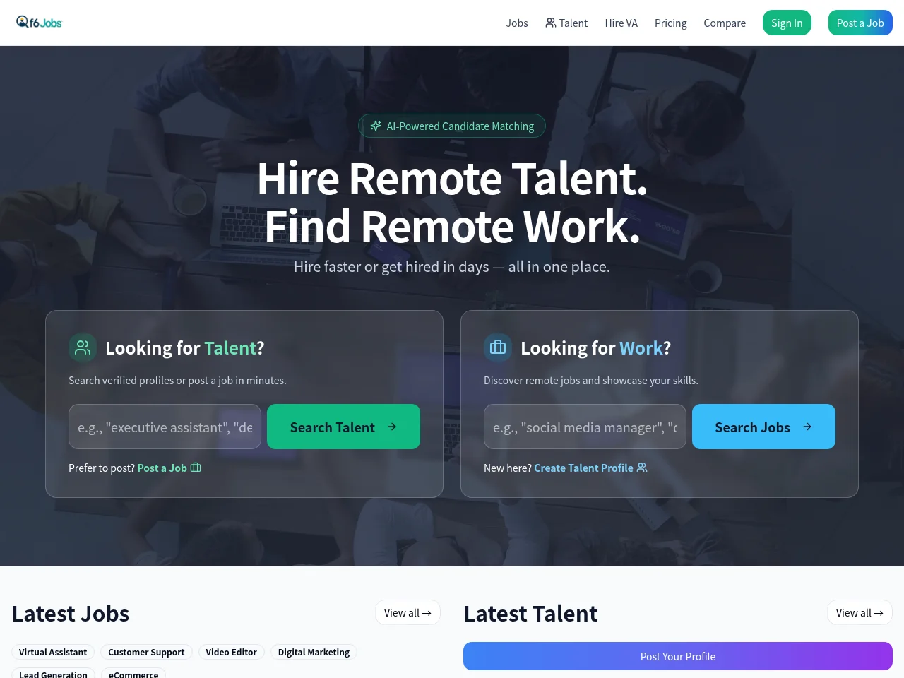 F6 Jobs job board platform screenshot showing job search interface
