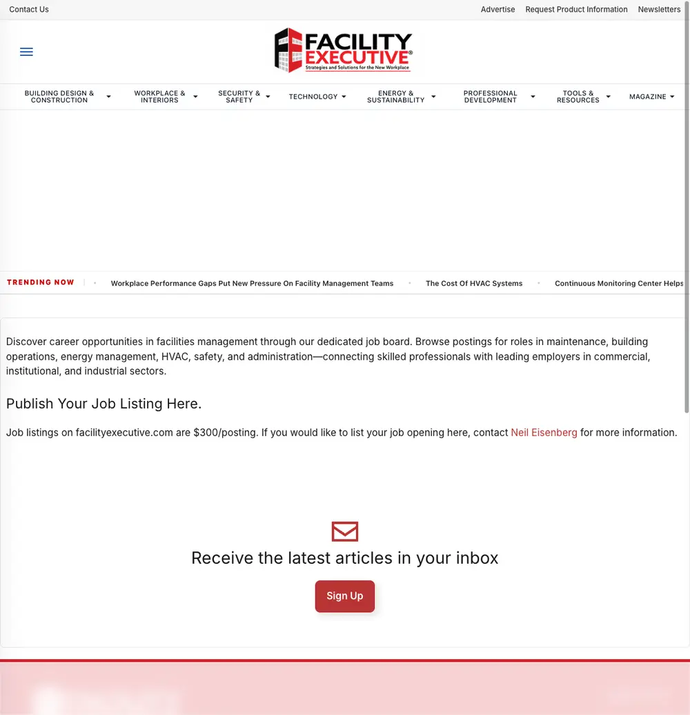 Facility Executive job board platform screenshot showing job search interface