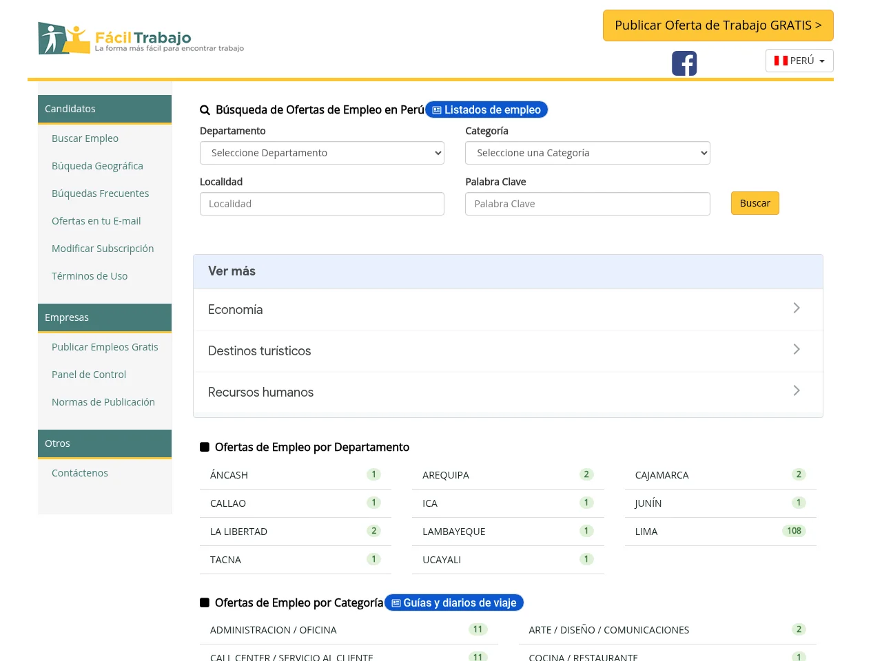 Facil Trabajo job board platform screenshot showing job search interface