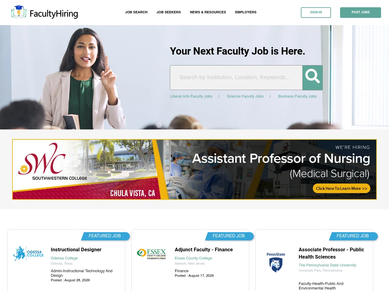 FacultyHiring.com job board platform screenshot showing job search interface