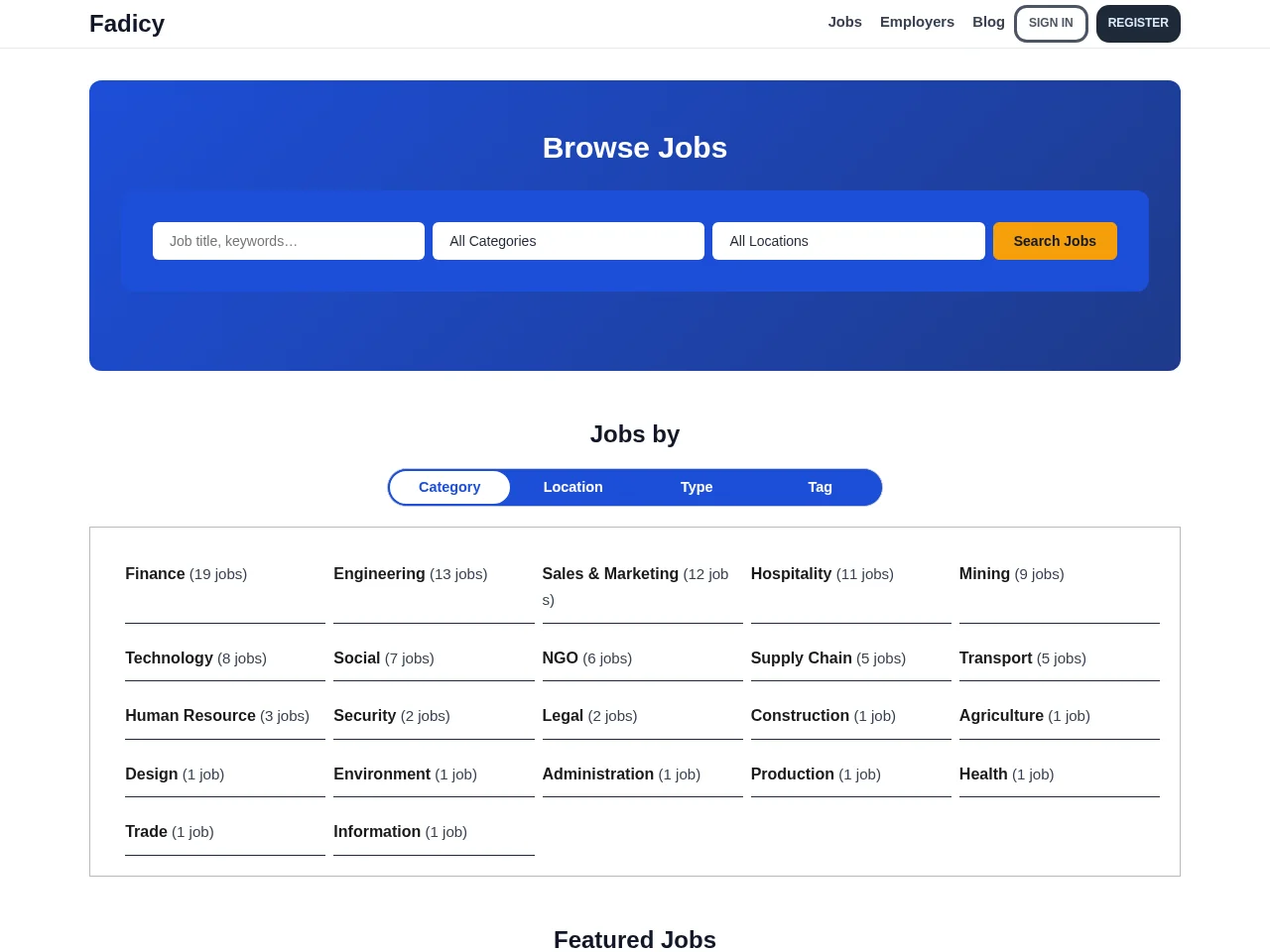 Fadicy job board platform screenshot showing job search interface