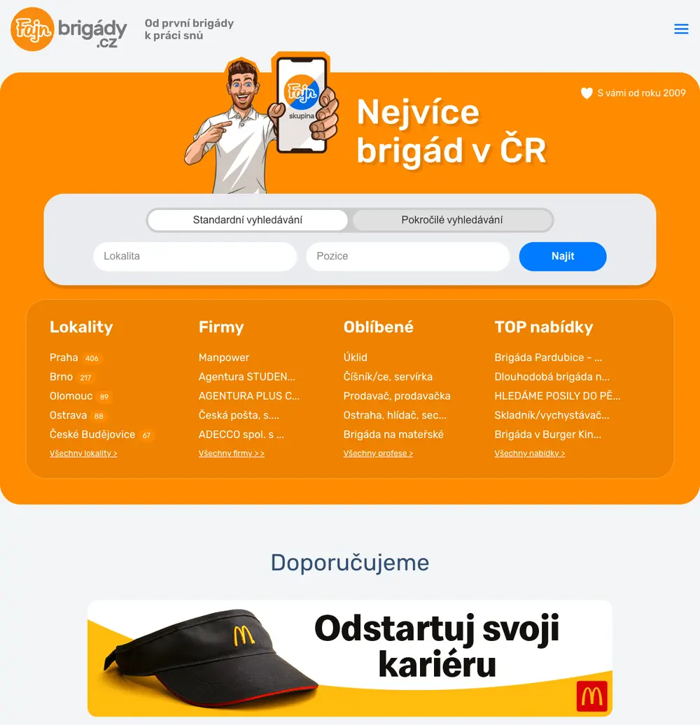 Fajn-brigady.cz job board platform screenshot showing job search interface