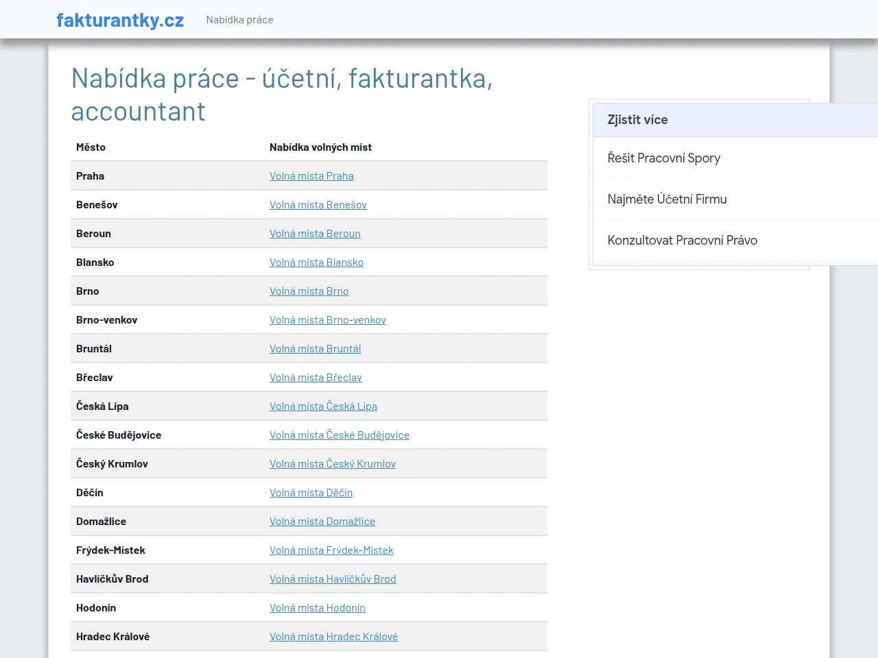 Fakturantky.cz job board platform screenshot showing job search interface
