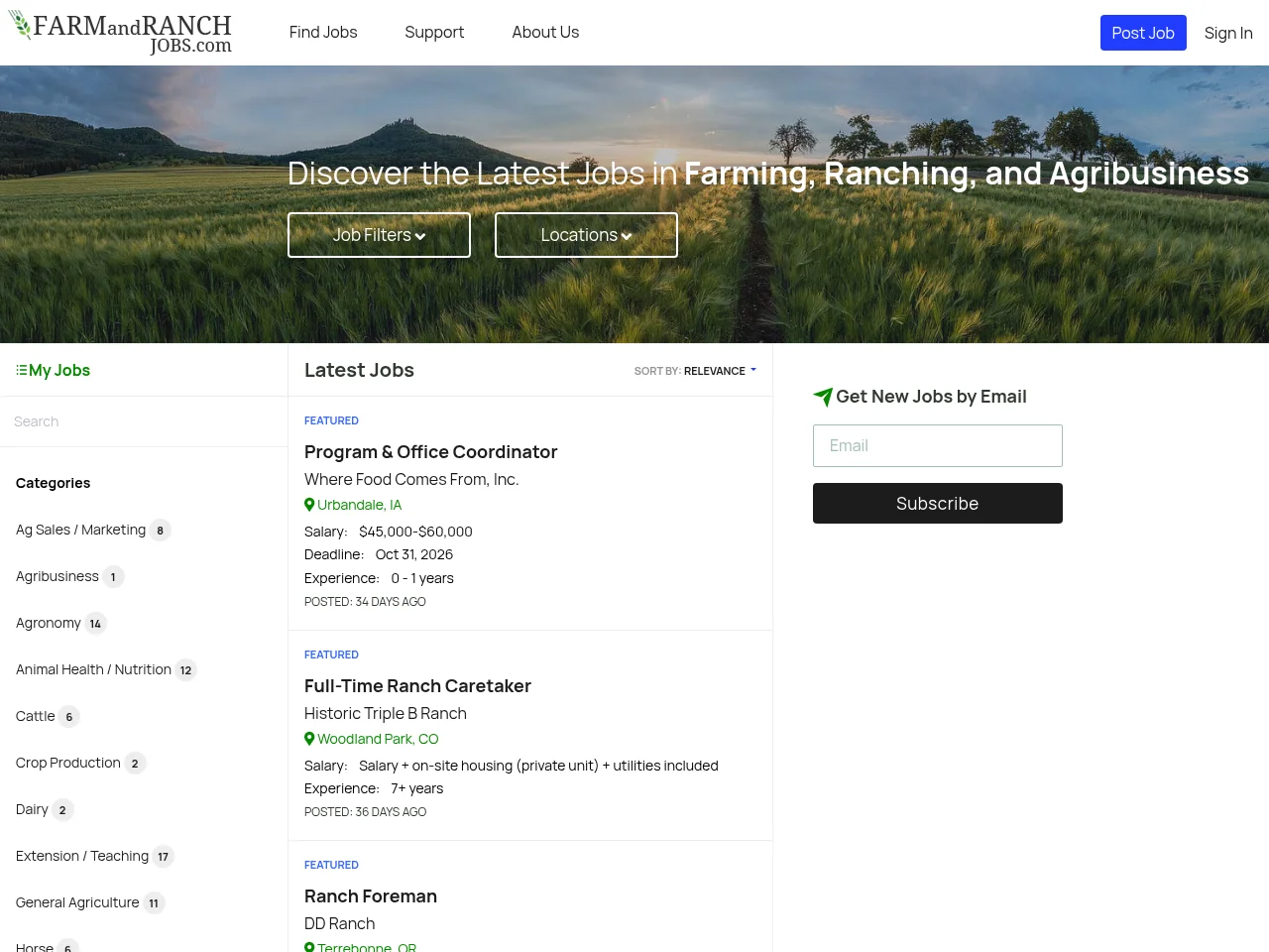 Farm and Ranch Jobs job board platform screenshot showing job search interface