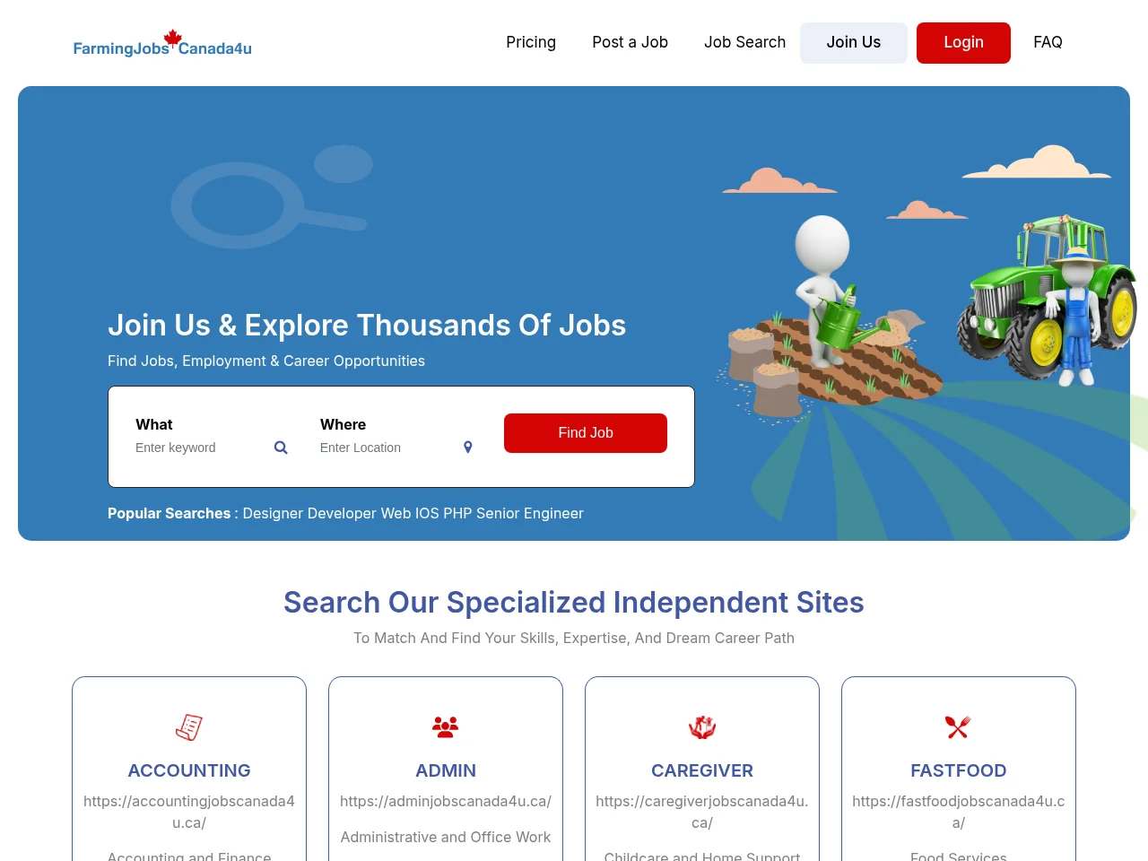 Farmingjobscanada4u job board platform screenshot showing job search interface