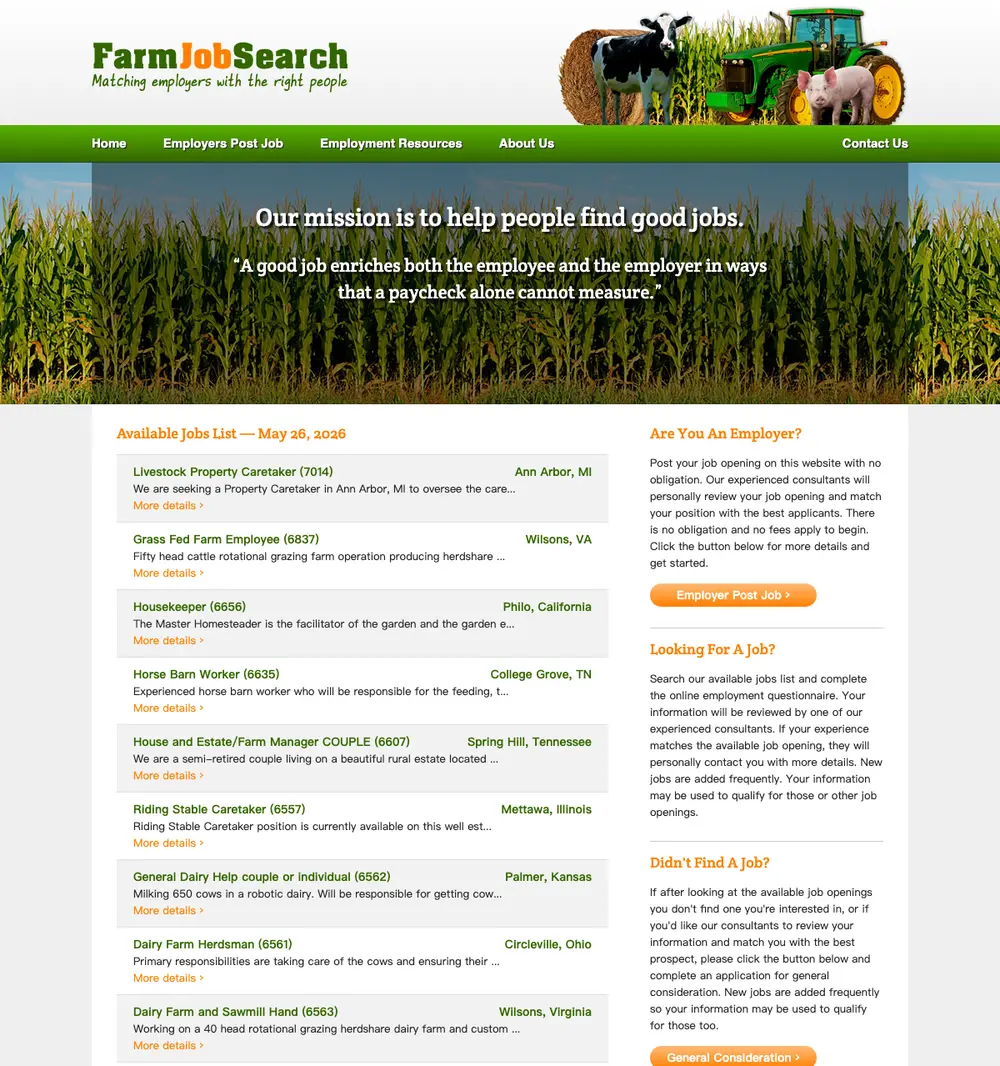 Farm Job Search job board platform screenshot showing job search interface