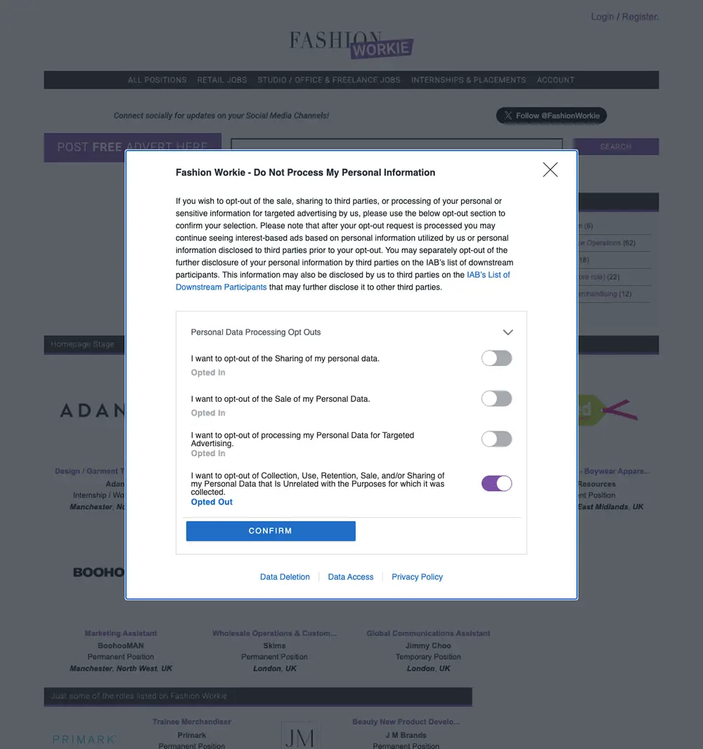 Fashion Workie job board platform screenshot showing job search interface