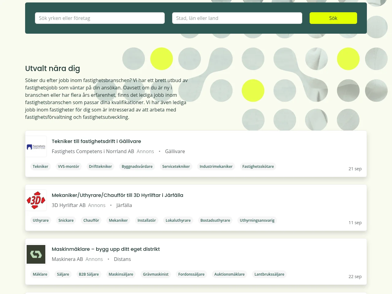 fastighetsjobb.nu job board platform screenshot showing job search interface