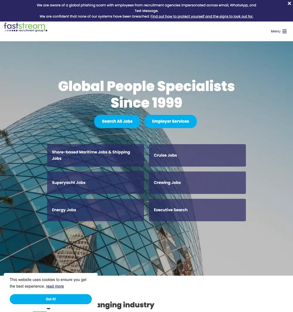 Faststream Recruitment job board platform screenshot showing job search interface