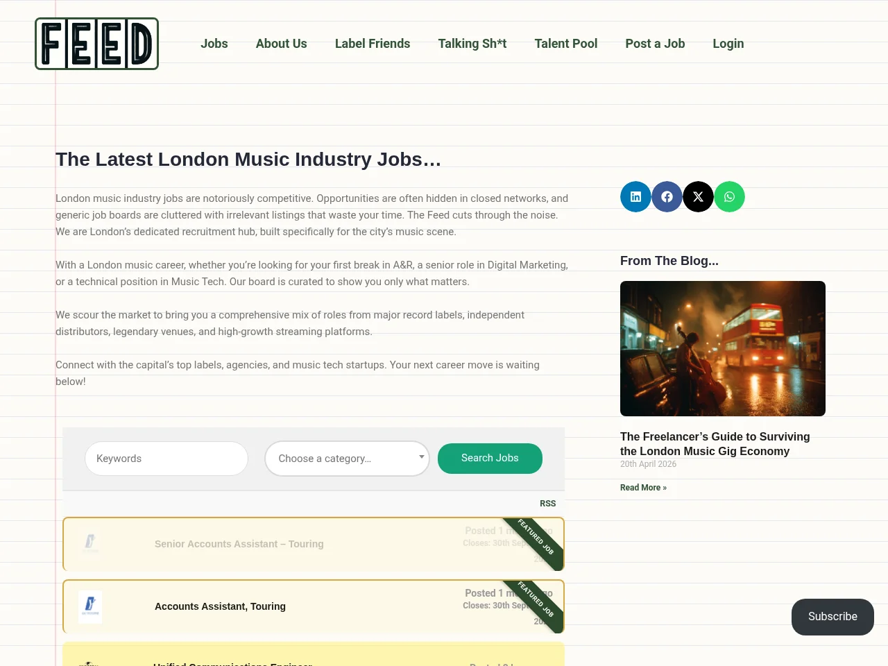 The Feed job board platform screenshot showing job search interface