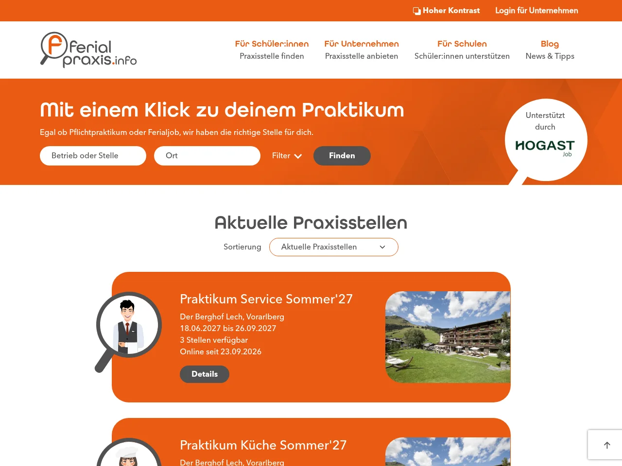 Ferialpraxis.info job board platform screenshot showing job search interface