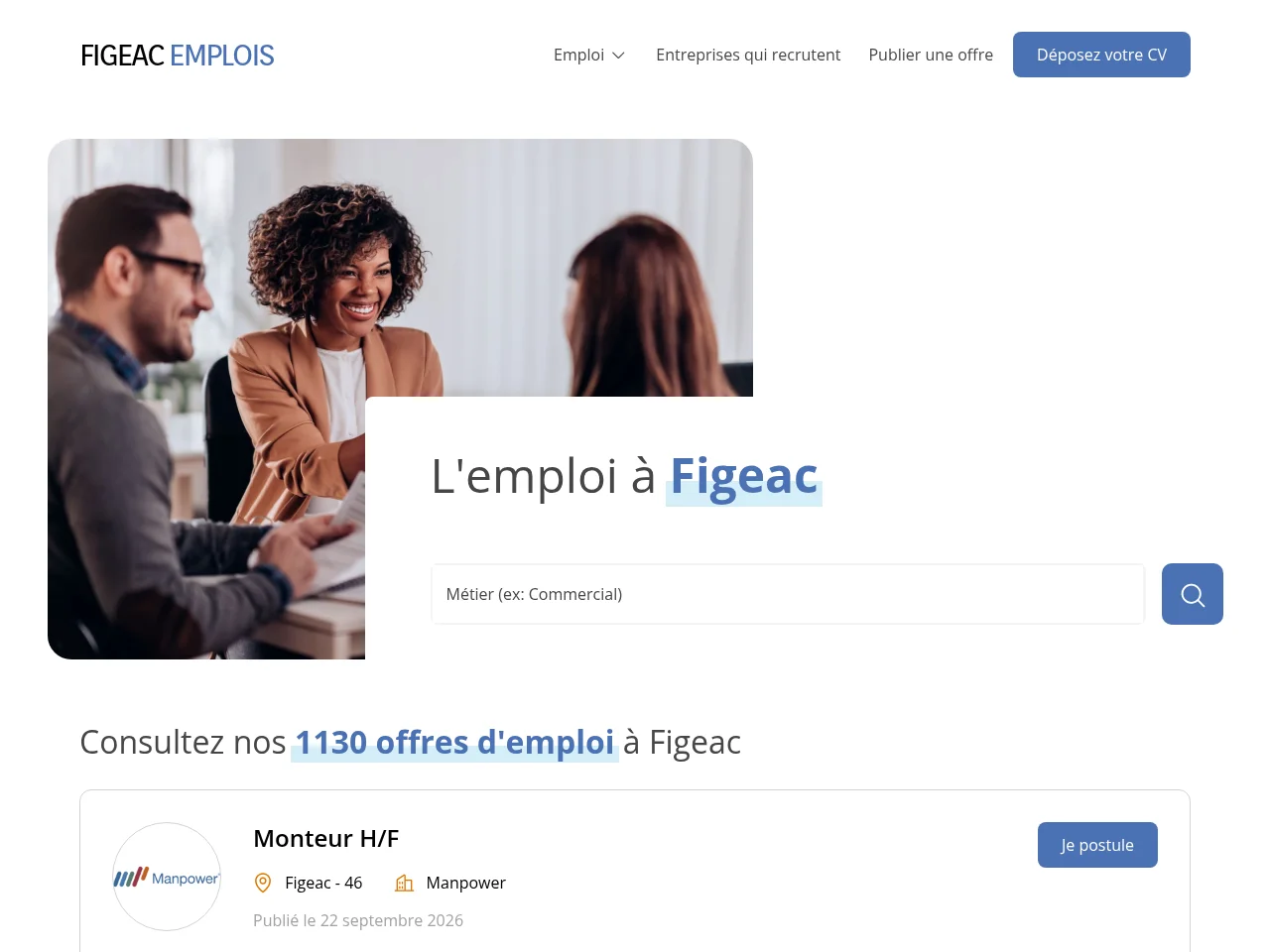 Figeac Emplois screenshot Figeac Emplois job board platform screenshot showing job search interface