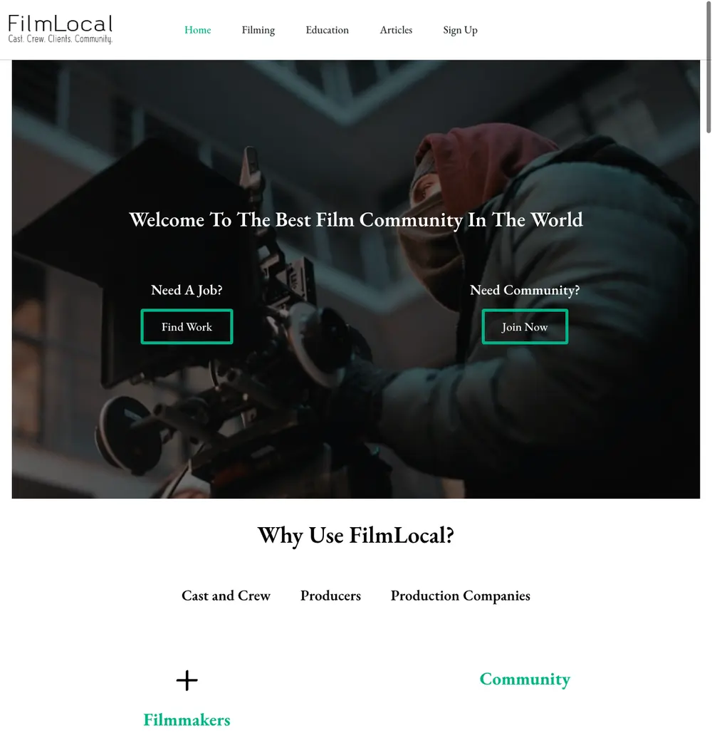 FilmLocal job board platform screenshot showing job search interface