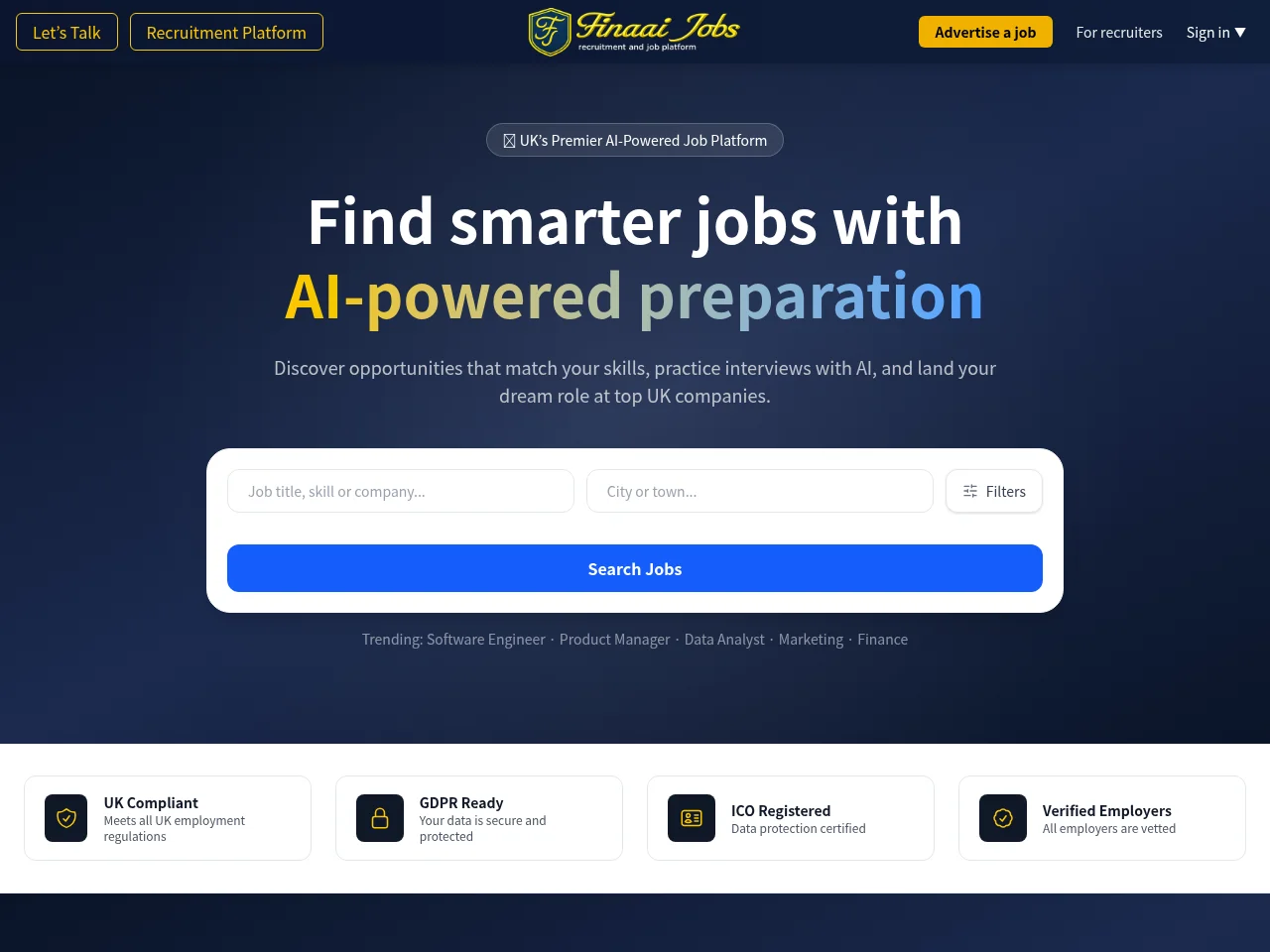 FINAAI Jobs job board platform screenshot showing job search interface