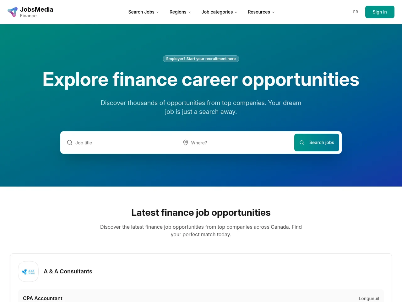 Finance Jobs | JobsMedia.io job board platform screenshot showing job search interface