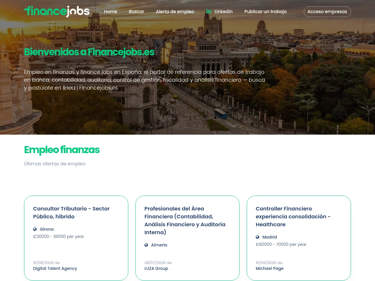 Financejobs.es job board platform screenshot showing job search interface