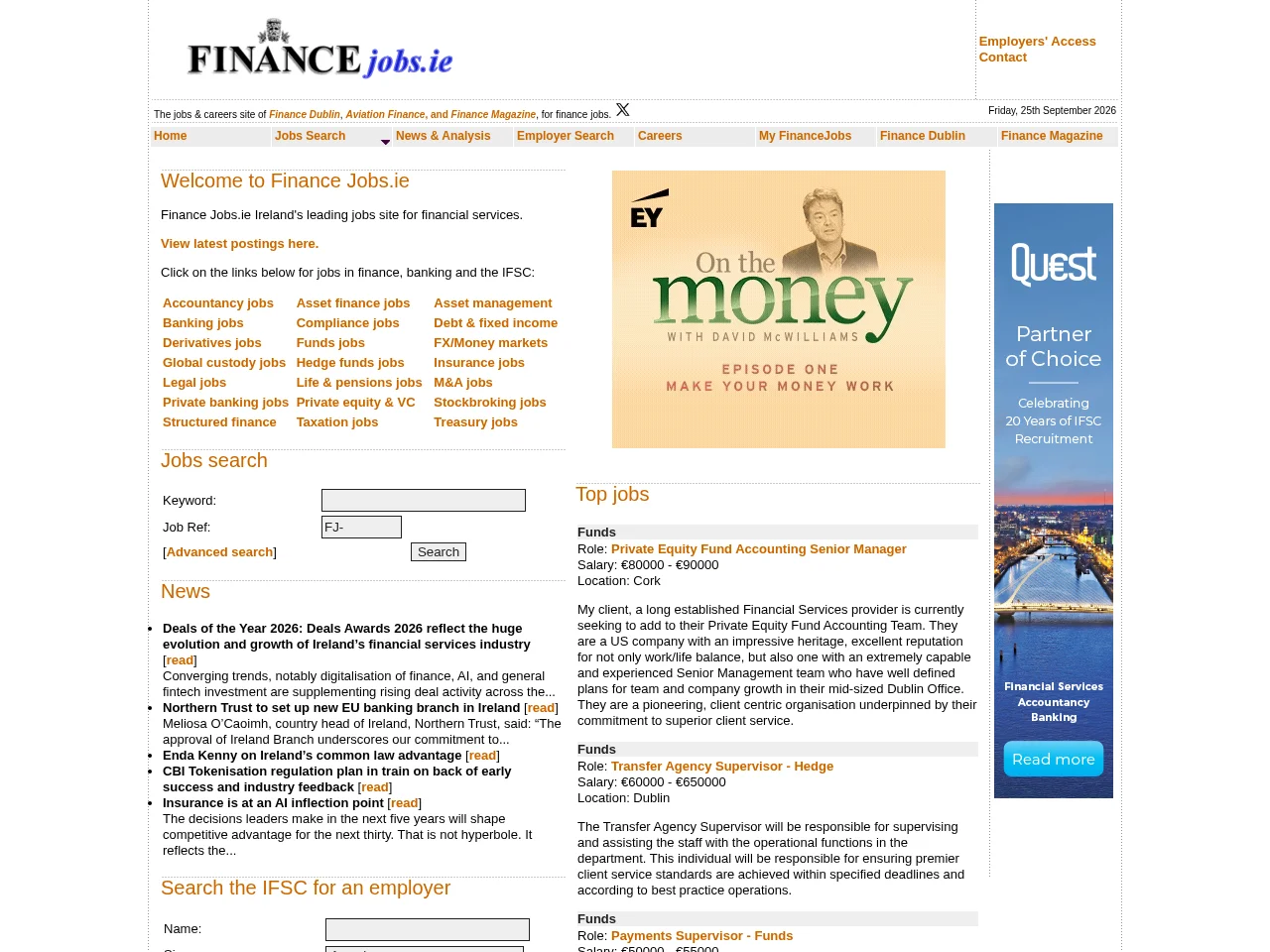 FinanceJobs.ie job board platform screenshot showing job search interface