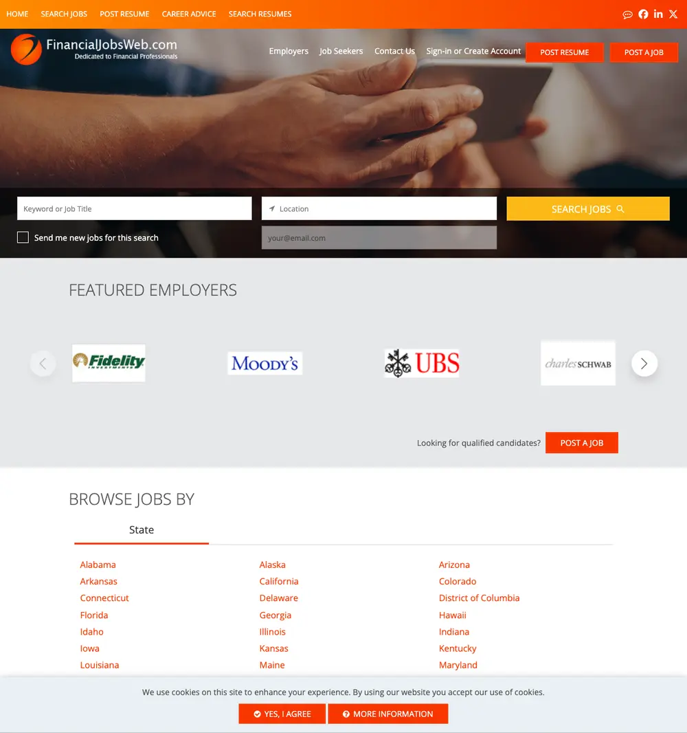 FinancialJobsWeb.com job board platform screenshot showing job search interface