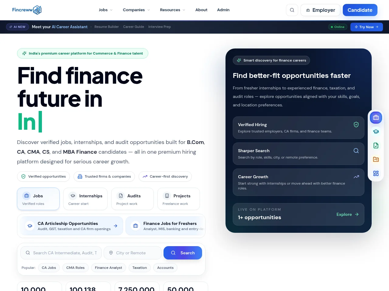 Fincreww job board platform screenshot showing job search interface