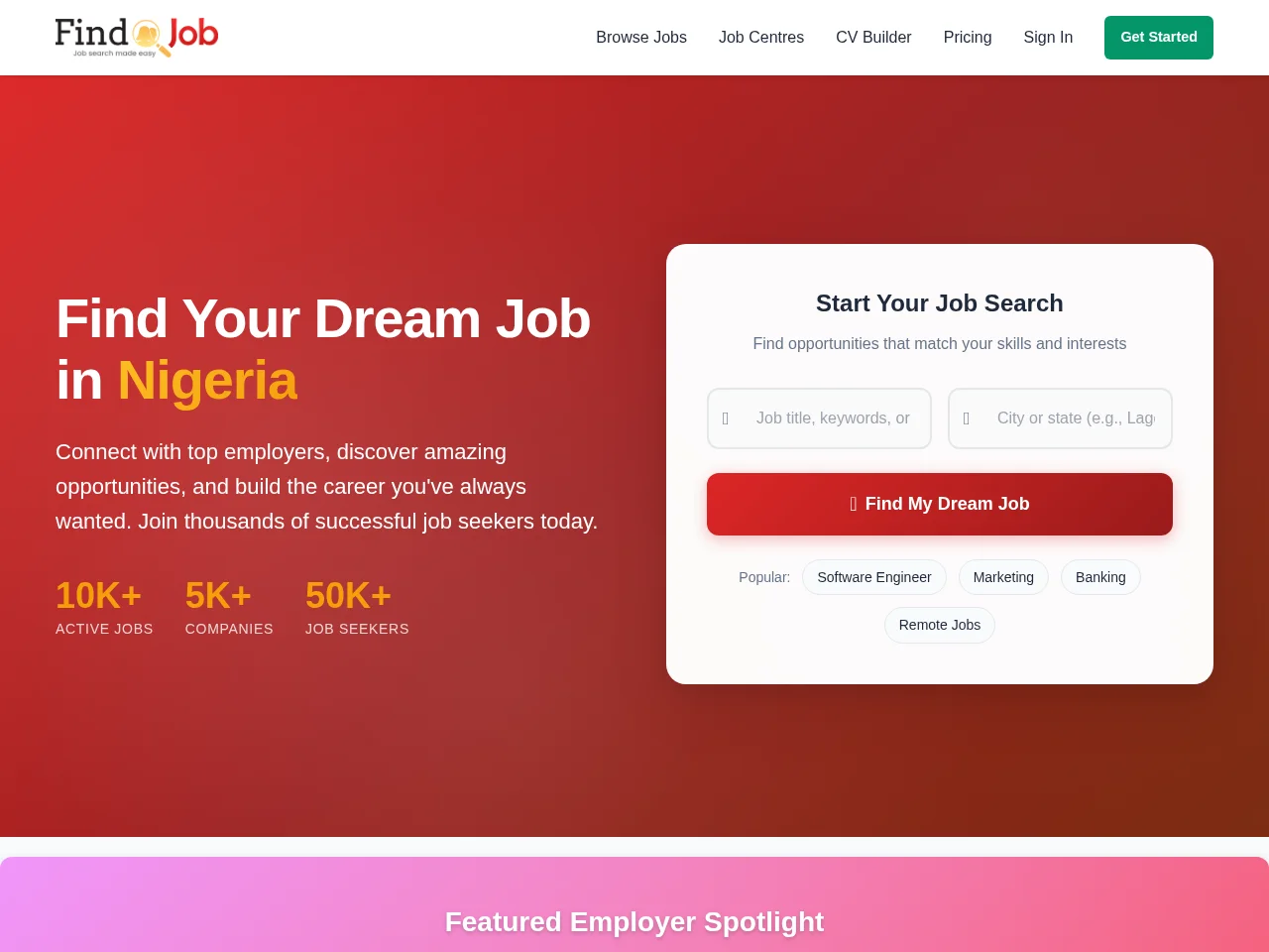 FindAJob Nigeria job board platform screenshot showing job search interface