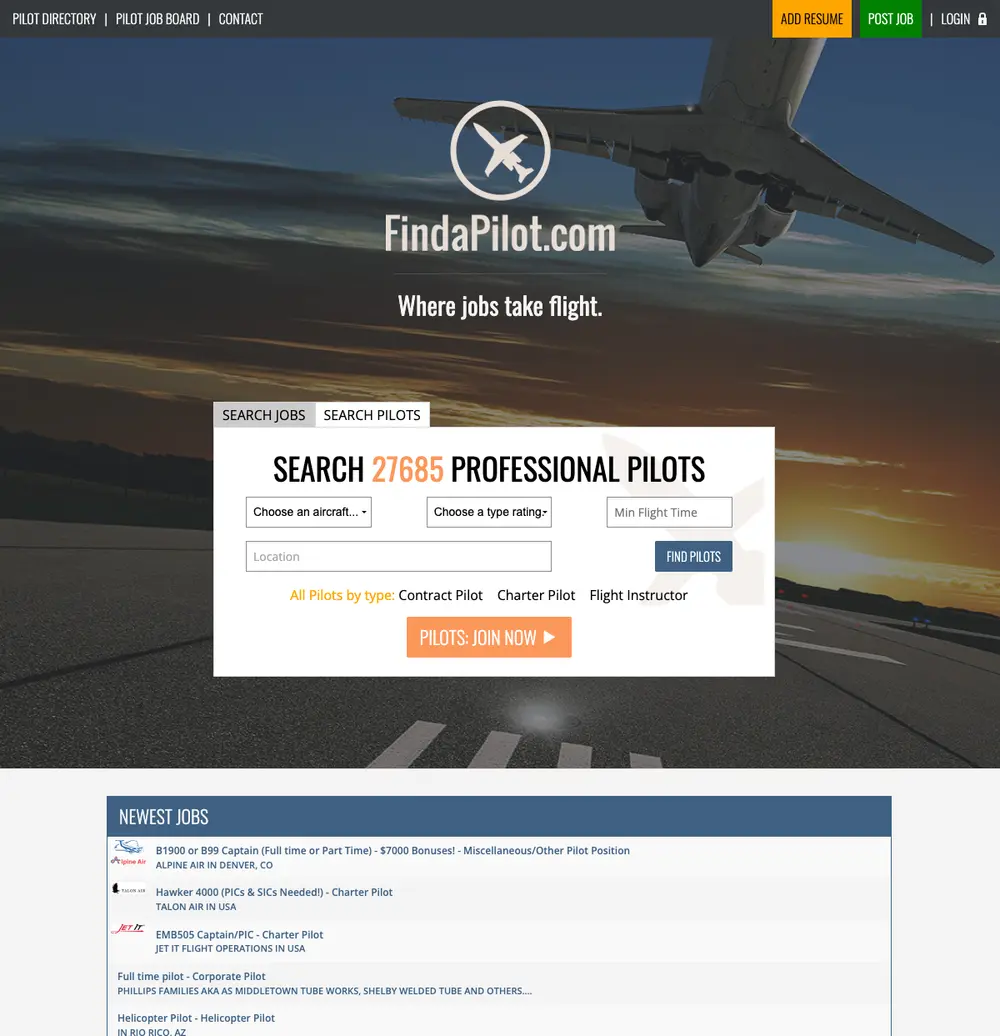 FindaPilot.com job board platform screenshot showing job search interface