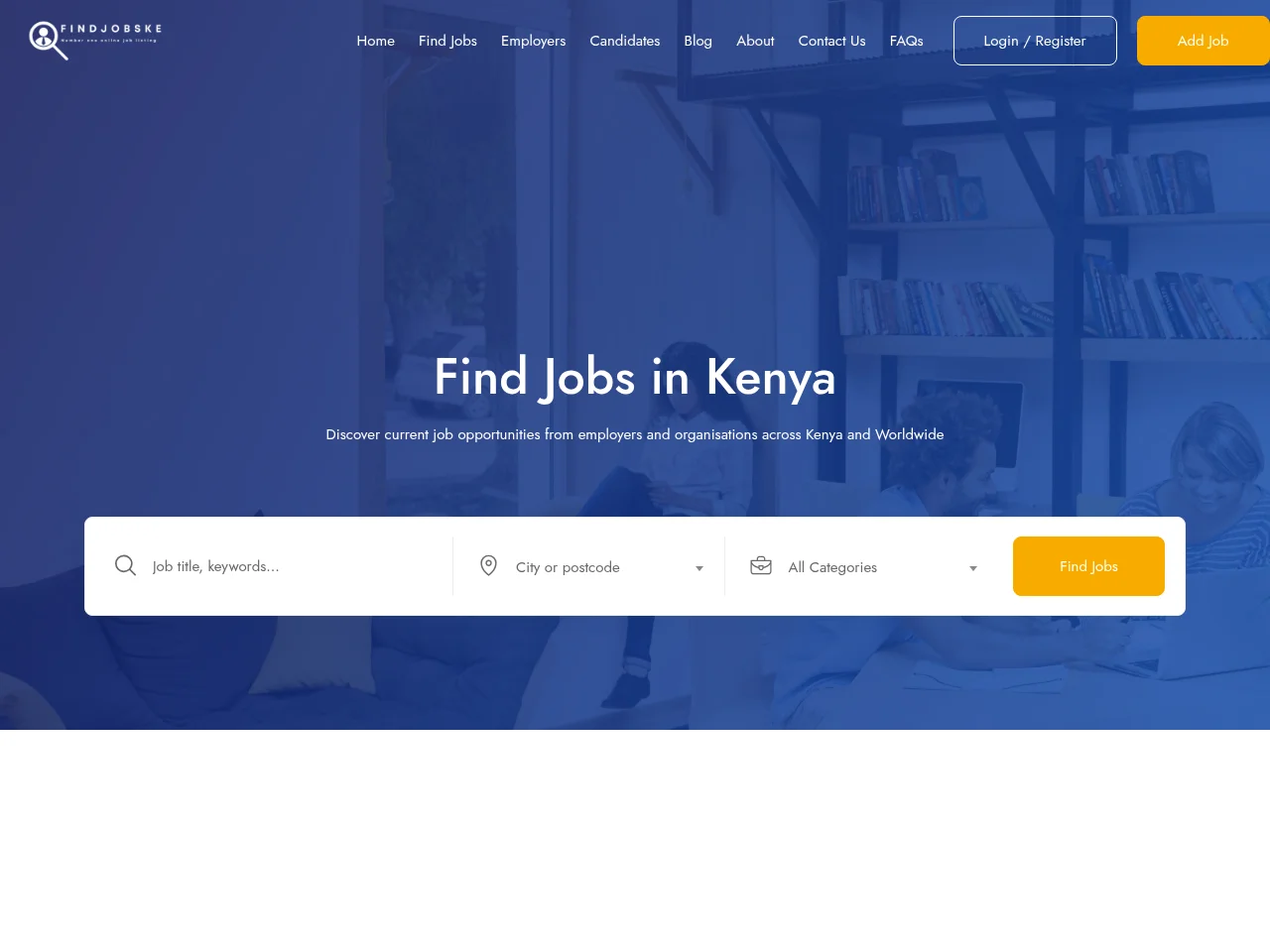 FindJobsKE job board platform screenshot showing job search interface