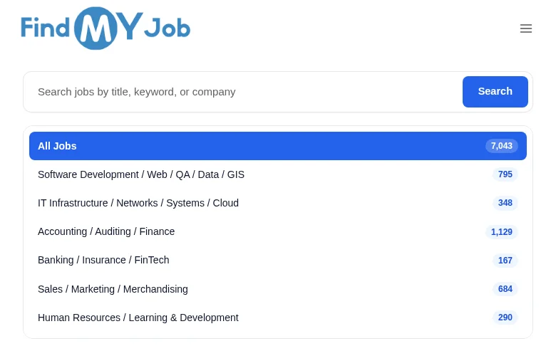 FindMyJob.lk job board platform screenshot showing job search interface
