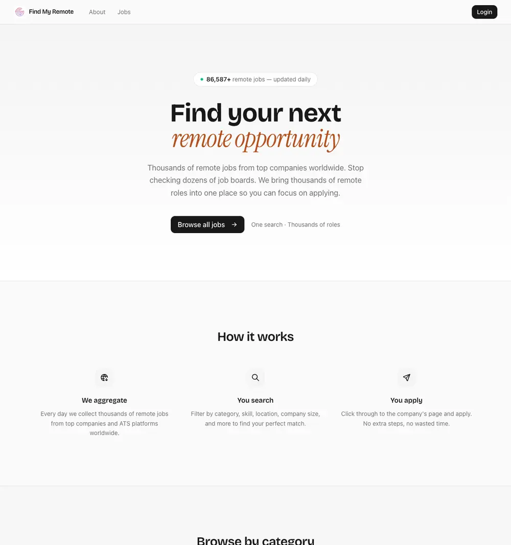 Find My Remote job board platform screenshot showing job search interface