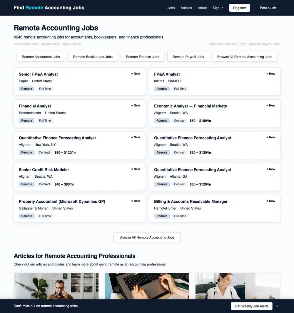 Find Remote Accounting Jobs job board platform screenshot showing job search interface
