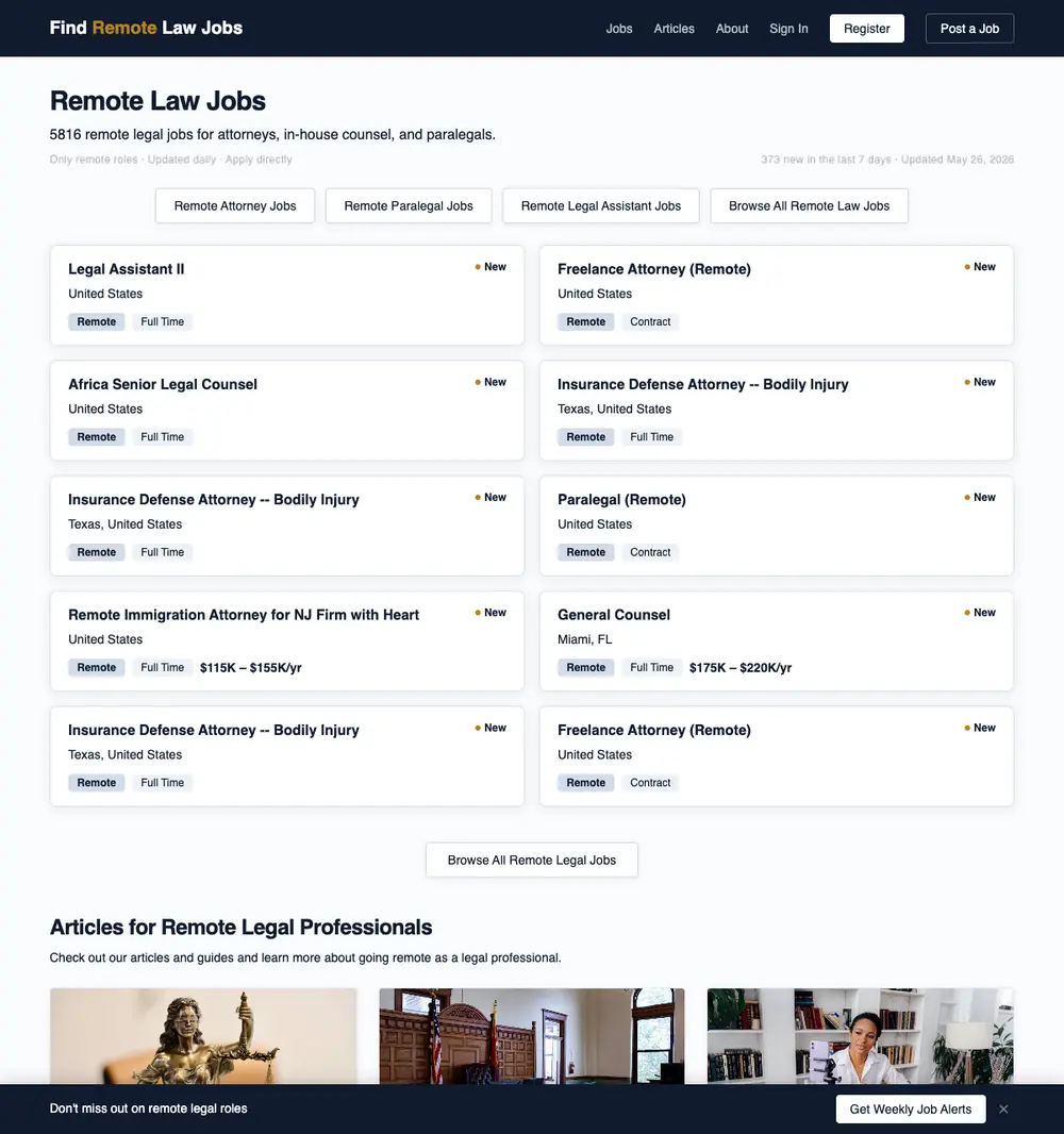 Find Remote Law Jobs job board platform screenshot showing job search interface